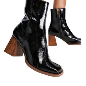 ASOS DESIGN Black Patent Square Toe Block Heel Ankle Boots Size 7